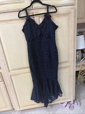 Navy Lace Ruffle-Trim Midi Dress - Women's Elegant Occasion Dress